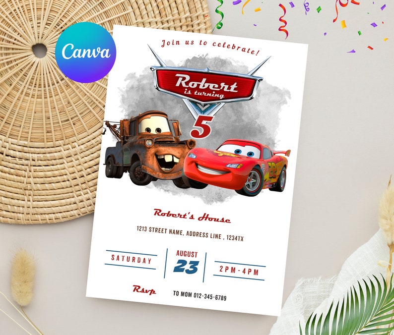 May include: A white invitation card featuring the characters Mater and Lightning McQueen from the movie Cars. The card says "Robert is turning 5" and includes event details like the date, time, and RSVP information.