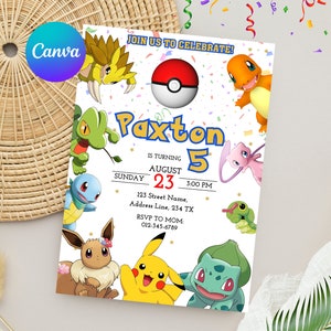 May include: A Pokemon-themed birthday invitation for a boy turning five. The invitation features a colorful background with confetti and various Pokemon characters, including Pikachu, Bulbasaur, Charmander, Squirtle, and Eevee. The text on the invitation reads "Join us to celebrate! Paxton is turning 5. Sunday, August 23, 3:00 PM. 123 Street Name, Address Line, 234 TX. RSVP to Mom: 012-345-6789."