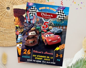 Invitation d’anniversaire de voitures modifiables | Invitations Cars McQueen | Modèle de fête d'anniversaire numérique DisneyCars