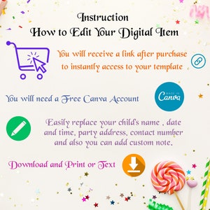 May include: A white background with colorful confetti and instructions on how to edit a digital item using Canva. The text says "You will receive a link after purchase to instantly access to your template. You will need a Free Canva Account. Easily replace your child's name, date and time, party address, contact number and also you can add custom note. Download and Print or Text."