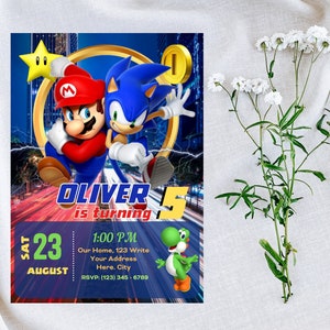 Inbjudan till Mario Sonic | Inbjudan till Super Mario och Sonic-födelsedagsfest | Redigerbar och personlig digital festmall bild 3