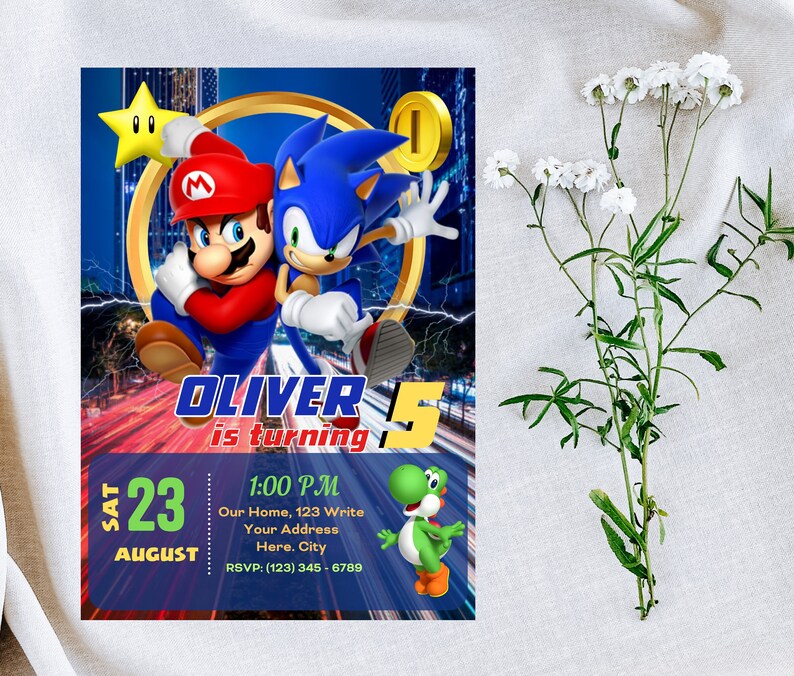 Inbjudan till Mario Sonic | Inbjudan till Super Mario och Sonic-födelsedagsfest | Redigerbar och personlig digital festmall bild 3