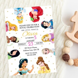 May include: A white invitation with gold stars and a pink and gold border. The invitation features a collage of Disney princesses, including Cinderella, Ariel, Snow White, Belle, Jasmine, Aurora, and Elsa. The text reads "Please join us for a Royal Celebration! Our little princess Olivia is turning 5 August 23, 3:00 PM. 123 Street Name, Address Line, 234 TX. RSVP to Mom: 012-345-6789."