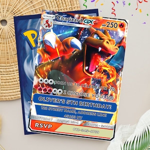 Faire-part d'anniversaire Pokémon modifiable | Invitation fête d'anniversaire carte Pokémon | Faire-part carte Pokémon Dracaufeu personnalisé