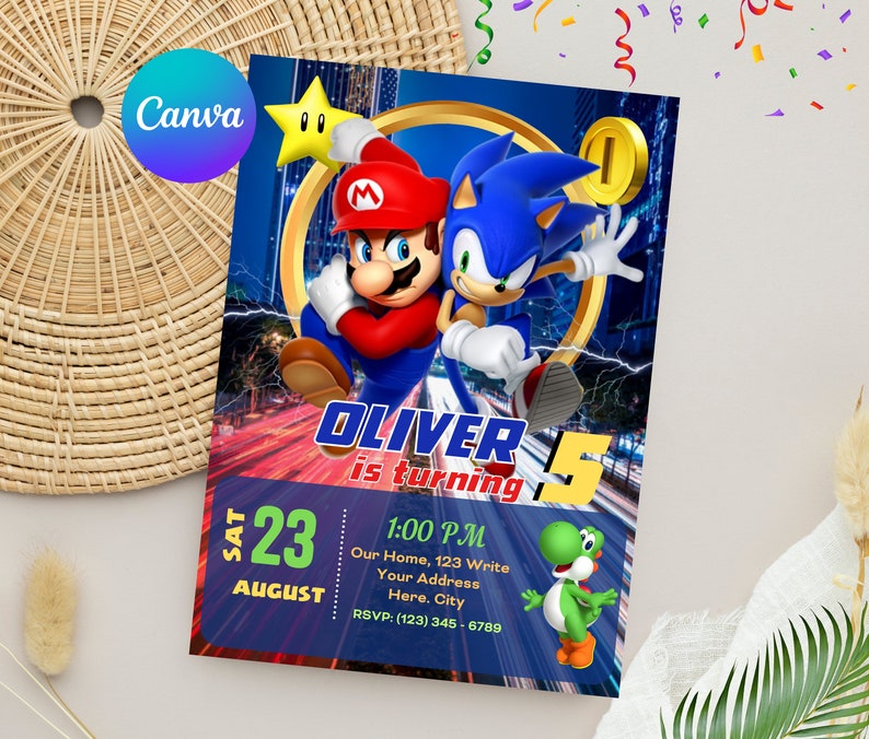 Inbjudan till Mario Sonic | Inbjudan till Super Mario och Sonic-födelsedagsfest | Redigerbar och personlig digital festmall bild 4
