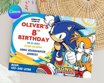 May include: A blue and red Sonic the Hedgehog birthday invitation with a yellow star and the text "Speed on over to Oliver's 8th Birthday 08.23.2023 02:00-04:00PM Sonic Headquarter Address RSVP: 123-345-6789 Sonic the Hedgehog"