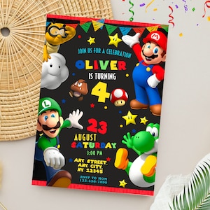 Convite de aniversário do Super Mário | Convite editável para festa de aniversário do Mário | Modelo digital personalizado do Canva
