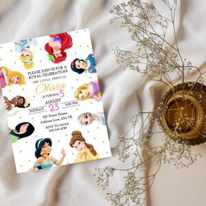 May include: Invitation to a princess-themed birthday party for a girl turning 5. The invitation features a collage of Disney princesses with gold stars on a white background. The text reads "Please join us for a Royal Celebration! Our little princess Olivia is turning 5 August 23, 3:00 PM, 123 Street Name, Address Line, 254 TX, RSVP to Mom 012-345-6789."
