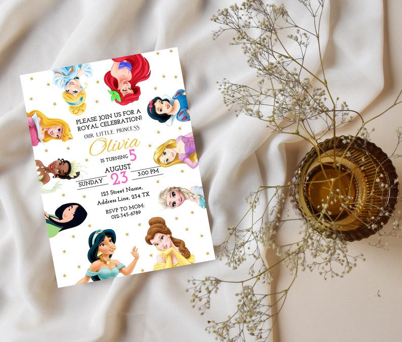 May include: Invitation to a princess-themed birthday party for a girl turning 5. The invitation features a collage of Disney princesses with gold stars on a white background. The text reads "Please join us for a Royal Celebration! Our little princess Olivia is turning 5 August 23, 3:00 PM, 123 Street Name, Address Line, 254 TX, RSVP to Mom 012-345-6789."