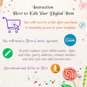 Puede incluir: Gr&aacute;fico colorido con instrucciones sobre c&oacute;mo editar un elemento digital. El texto incluye "C&oacute;mo editar tu art&iacute;culo digital", "Recibir&aacute;s un enlace" y "Descargar e imprimir o enviar por SMS". Tambi&eacute;n se ven una piruleta y confeti.
