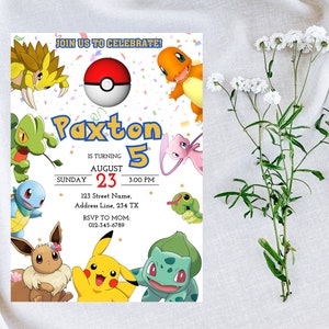 May include: A colorful invitation for a 5th birthday party featuring various Pokemon characters. The invitation is white with blue and yellow accents. The text reads "Join us to celebrate! Paxton is turning 5. August 23, 3:00 PM. 123 Street Name, Address Line, 234 TX. RSVP to Mom: 012-345-6789."