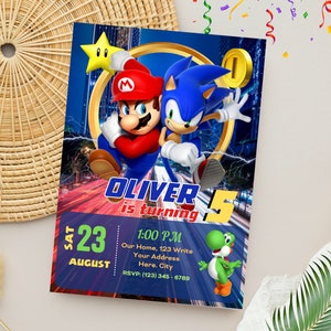 Invito Mario e Sonic / Invito alla festa di compleanno di Super Mario e Sonic / Modello digitale per feste modificabile e personalizzato