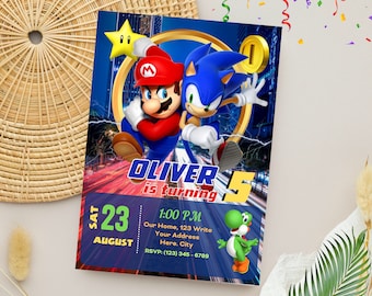 Mario Sonic Einladung | Super Mario und Sonic Geburtstagsparty einladen | Bearbeitbare und personalisierte Digitale Party Vorlage