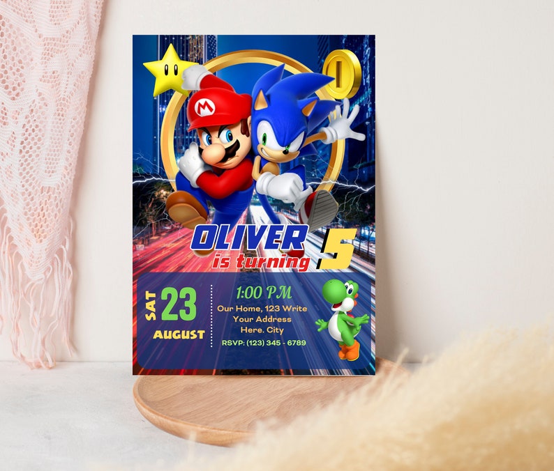 Inbjudan till Mario Sonic | Inbjudan till Super Mario och Sonic-födelsedagsfest | Redigerbar och personlig digital festmall bild 6