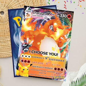 Invito di compleanno con carta Pokémon / Invito per festa Pokémon modificabile e personalizzato / Invito con carta Charizard