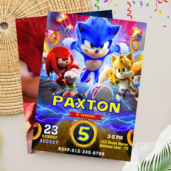 Bewerkbare Sonic The Hedgehog verjaardagsuitnodiging | Sonic, knokkel en staarten verjaardagsfeestje uitnodigen | Sonic uitnodigingssjabloon