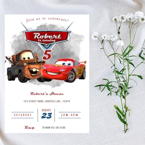 May include: A birthday party invitation featuring the characters Mater and Lightning McQueen from the movie Cars. The invitation includes the text "Robert is turning 5" and event details. The design is set against a white background with a floral accent.