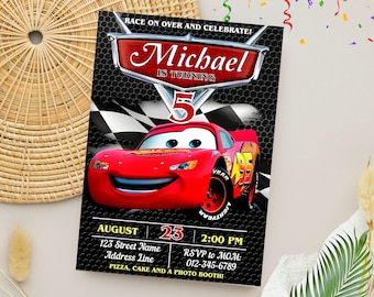Invito di compleanno modificabile Cars McQueen / Invito di compleanno Lightning Cars / Modello digitale personalizzato Canva