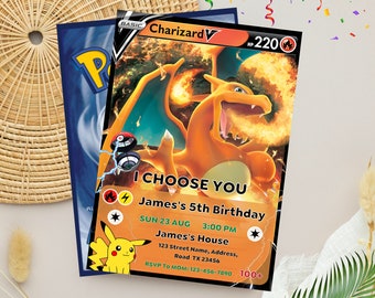 Pokemon Birthday Invitation | Pokemon Card Birthday Party Invite | Charizard Card Invite | Editable and Personalized Digital Template