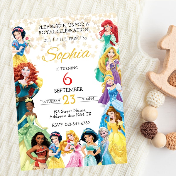 Prinzessin Geburtstagseinladung | Bearbeitbare Prinzessin Theme Birthday Party Invite | Disneyy Digital Princess Birthday Template