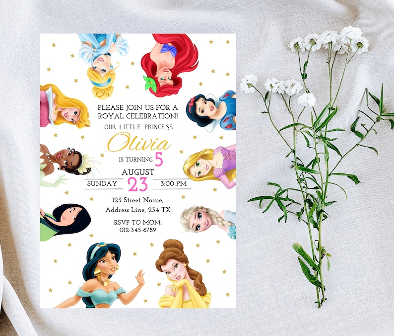 May include: A white invitation with gold stars and a pink and gold banner. The invitation is for a princess-themed birthday party for Olivia, who is turning 5. The invitation features images of Disney princesses, including Cinderella, Ariel, Belle, Snow White, and Jasmine.