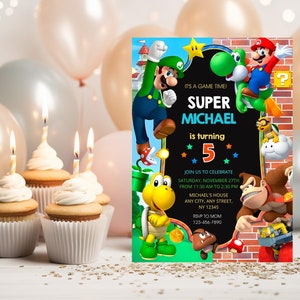 Convite personalizado e editável do Super Mario | Convite de aniversário do Mario | Cartão temático para festa de aniversário do Mario