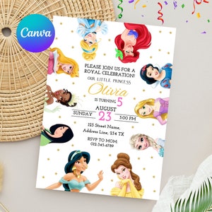 May include: A white invitation with gold stars and a pink and gold banner. The invitation features a collage of Disney princesses, including Cinderella, Ariel, Belle, Snow White, Jasmine, Rapunzel, and Elsa. The text on the invitation reads "Please join us for a Royal Celebration! Our little princess Olivia is turning 5. Sunday, August 23, 3:00 PM. 123 Street Name, Address Line, 234 TX. RSVP to Mom: 012-345-6789."