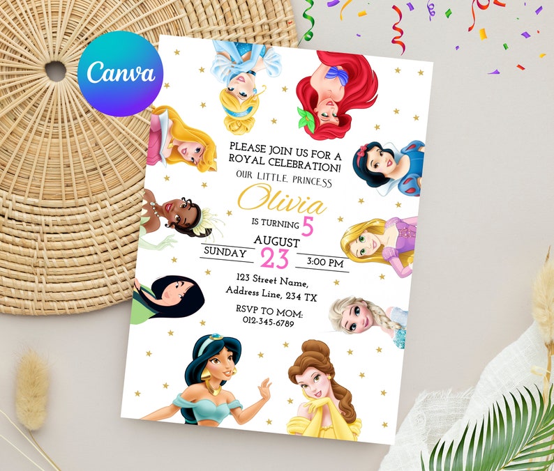 May include: A white invitation with gold stars and a pink and gold banner. The invitation features a collage of Disney princesses, including Cinderella, Ariel, Belle, Snow White, Jasmine, Rapunzel, and Elsa. The text on the invitation reads "Please join us for a Royal Celebration! Our little princess Olivia is turning 5. Sunday, August 23, 3:00 PM. 123 Street Name, Address Line, 234 TX. RSVP to Mom: 012-345-6789."