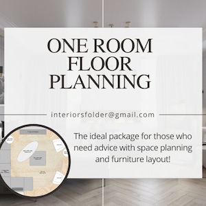 May include: A white and gray graphic showing a floor plan for a room with furniture placement. The text "ONE ROOM FLOOR PLANNING" is at the top of the graphic. The text "interiorsfolder@gmail.com" is below the graphic. The text "The ideal package for those who need advice with space planning and furniture layout!" is below the email address.