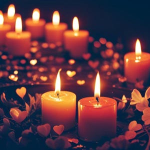 Puede incluir: Varias velas votivas encendidas en tonos naranja y rojo, con llamas cálidas. Confeti en forma de corazón y adornos florales rodean las velas, creando un ambiente romántico. El fondo oscuro resalta el brillo de las velas.