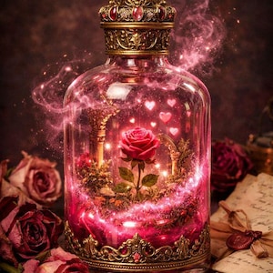 May include: A decorative glass bottle with a rose inside, surrounded by pink sparkles and hearts. The bottle has a gold filigree base and a jeweled crown-like stopper. Roses and vintage letters are in the background.