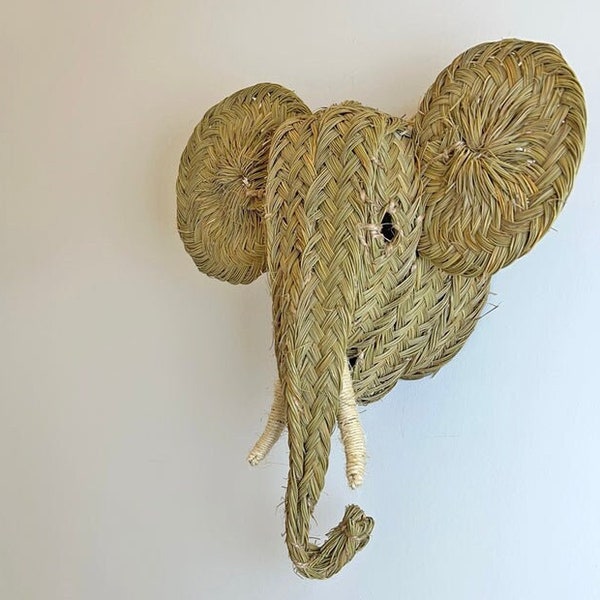 Moroccan straw fake elephant head, animal head wall decor, faux trophy,moroccan wall decor, straw rattan head, christmas deco