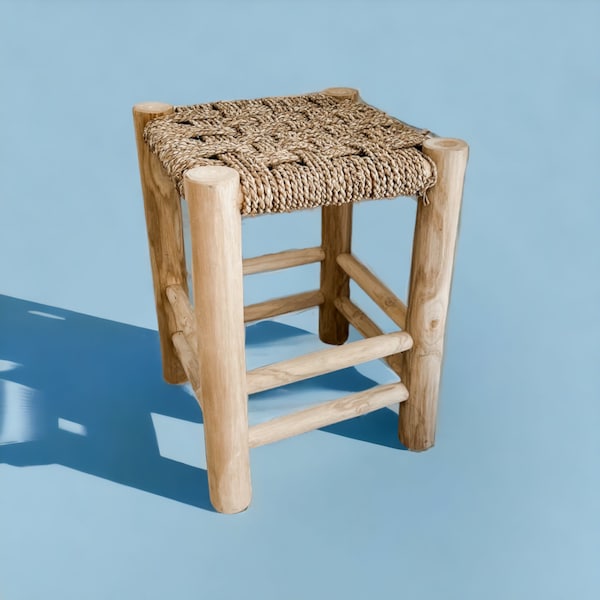 Handmade vintage wood and straw stool, handcrafted chair, braid straw stool, vintage berber stool woden bench