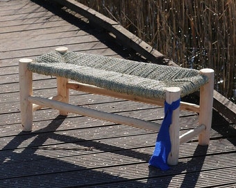 moroccan Traditional wooden straw bench, berber chair made with palm leaf