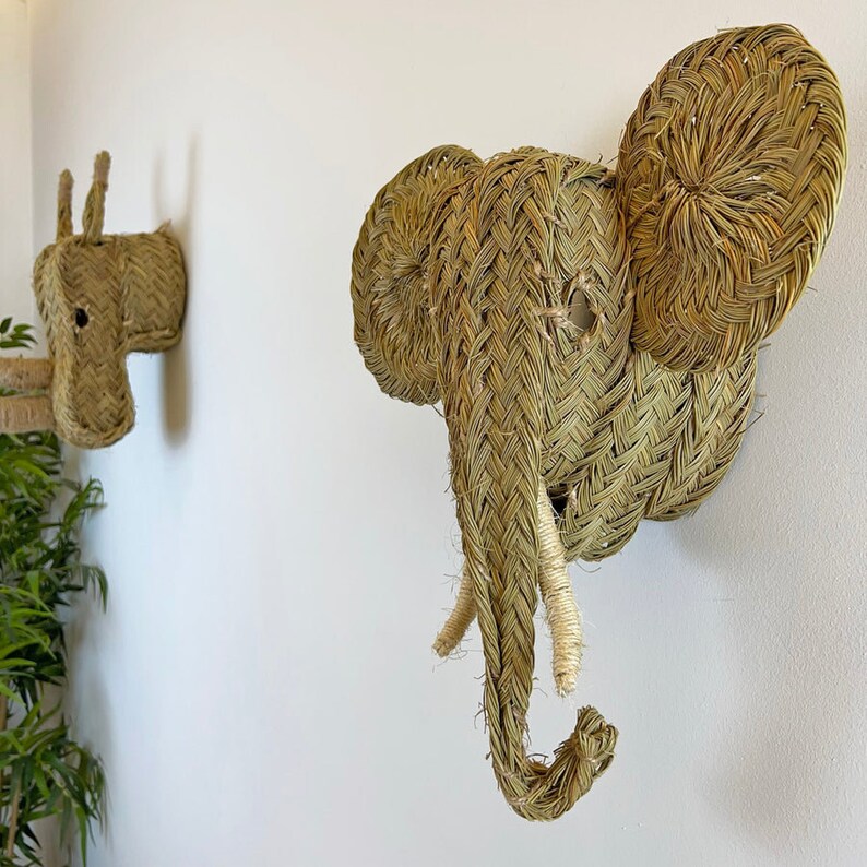 Moroccan Straw Fake Elephant Head, Animal Head Wall Decor, Faux Trophy