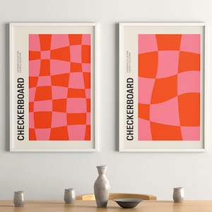 Ensemble rétro ondulé funky damier, impression d&#39;art numérique, art mural tendance rouge et rose, impression damier, affiche vintage, décoration affiche carrés