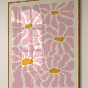 Arte mural de flores retro, póster floral rosa, impresión artística estilo años 70, ilustración de margaritas modernas, decoración estética imprimible para habitación.