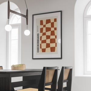 Funky Checkered Wavy Retro Digital Art Print, Brown And Beige Trendy Wall Art, Checkered print, Vintage Poster, Squares Poster Wall Decor