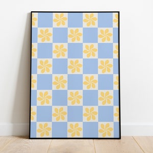 Flowers Print, Checkered Art, Groovy Blue Yellow Poster, Printable Wall Art, Minimal Wall Print, Instant Download