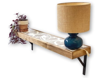 Floating hallway console · Wood and tile shelf · Floating console · Wooden hallway furniture