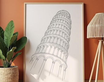 Leaning Tower of Pisa Line Art Print, Minimalist Italy Architecture Poster (Digital Download)