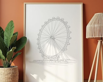 London Eye Line Drawing Art Print, Minimalist Architecture Poster (Digital Download)