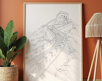 Wall of China Line Art Print, Minimalist Architecture Poster (Digital Download)