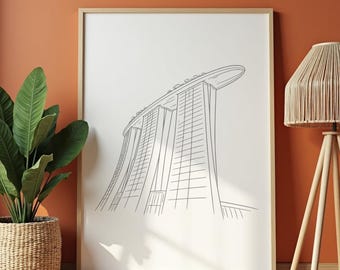 Marina Bay Sands Line Art Print, Singapore Architecture Poster, Black White Decor (Digital Download)