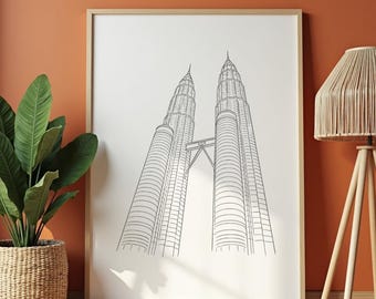 Petronas Towers Wall Art, Kuala Lumpur Poster, Malaysia Line Drawing, Minimal Architecture Print