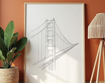 Golden Gate Bridge Wall Art, San Francisco Poster, California Line Drawing, Minimal Architecture Print
