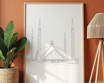 Faisal Mosque Line Art Print, Islamabad Minimalist Architecture Poster (Digital Download)