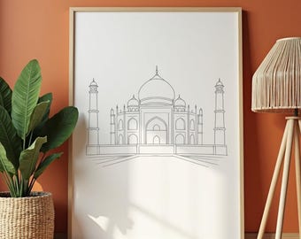 Taj Mahal Line Art Print, India Architecture Poster, Minimalist Black White Decor (Digital Download)