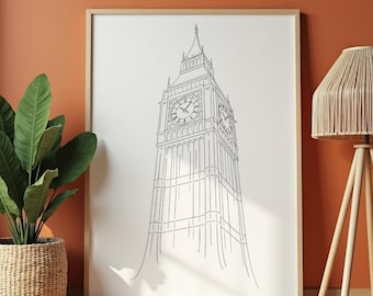 Big Ben Line Art Print, Minimalist London Architecture Poster (Digital Download)