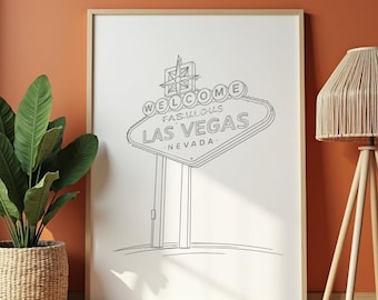 Welcome to Las Vegas Sign Line Art Print, Minimalist Black White Decor (Digital Download)